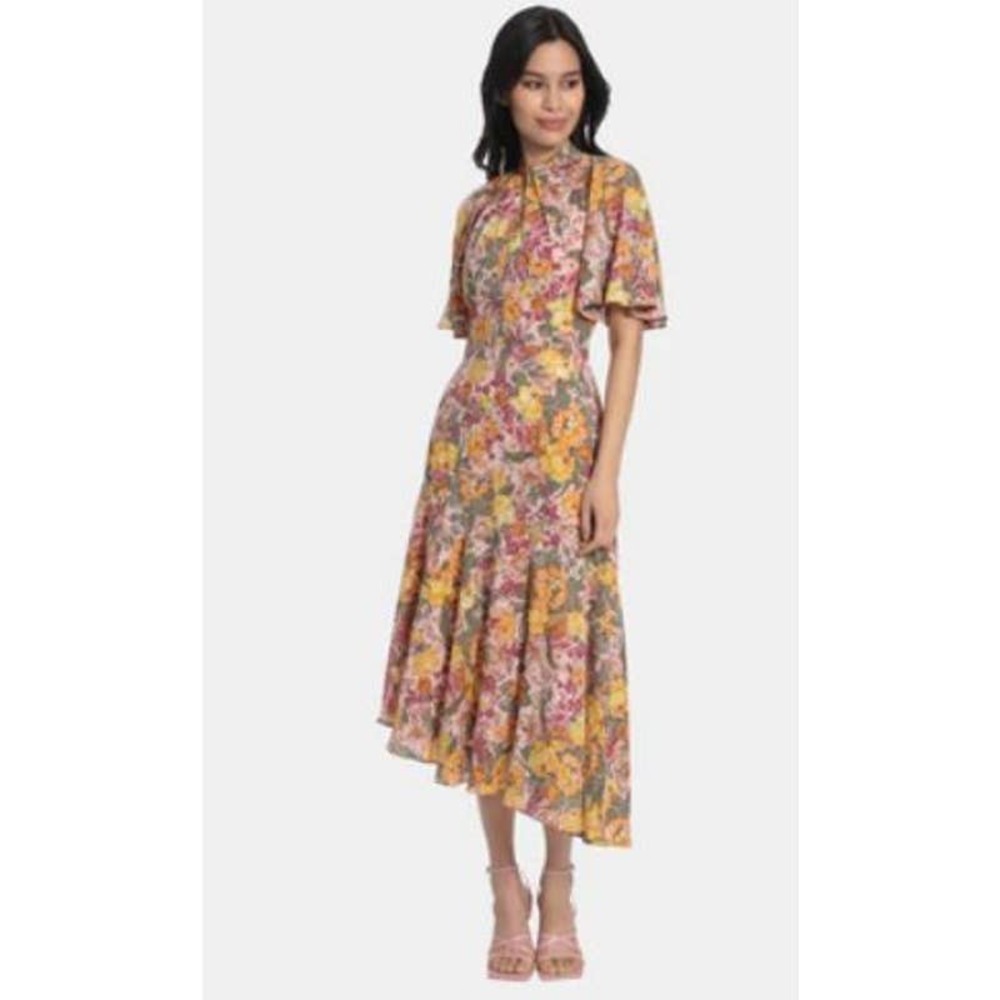 Maggy London Georgette Floral Asymmetrical Midi Dress Size 16 New
